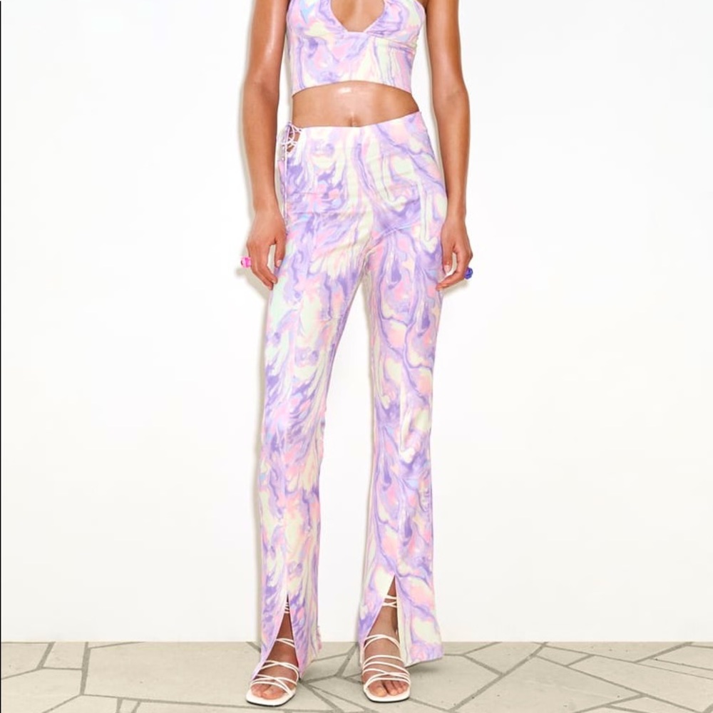 Zara PRINTED SATIN High-waist Trousers w/ Slip Hem NEW